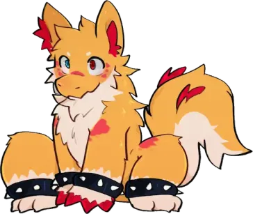 Illustration of Hartomiel with yellow and red fur, pointed ears, eyes of different colors (one blue and one red), and dark bracelets with spikes on his legs.